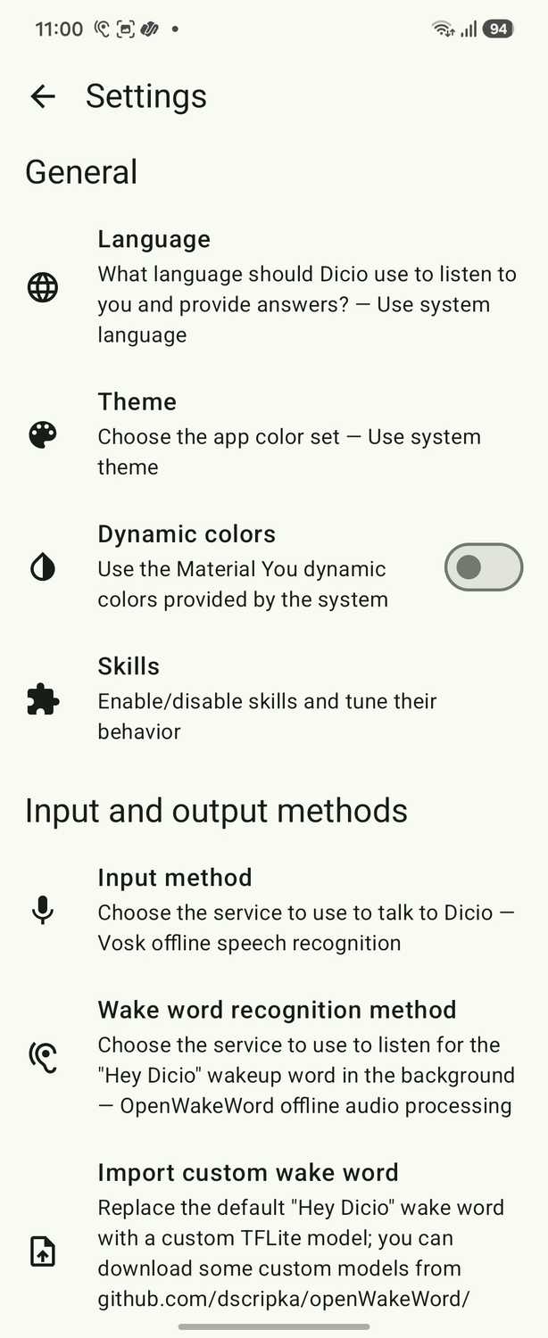 Dicio Voice Assistant Settings General Language Theme Input Output Methods-1