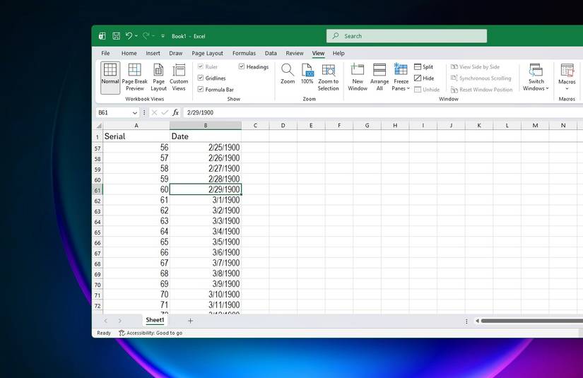 Excel showing date for February 29th 1900