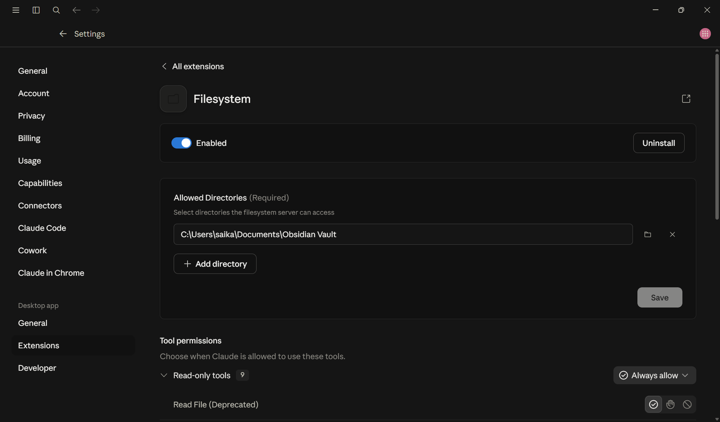 Filesystem MCP server extension's configuration.