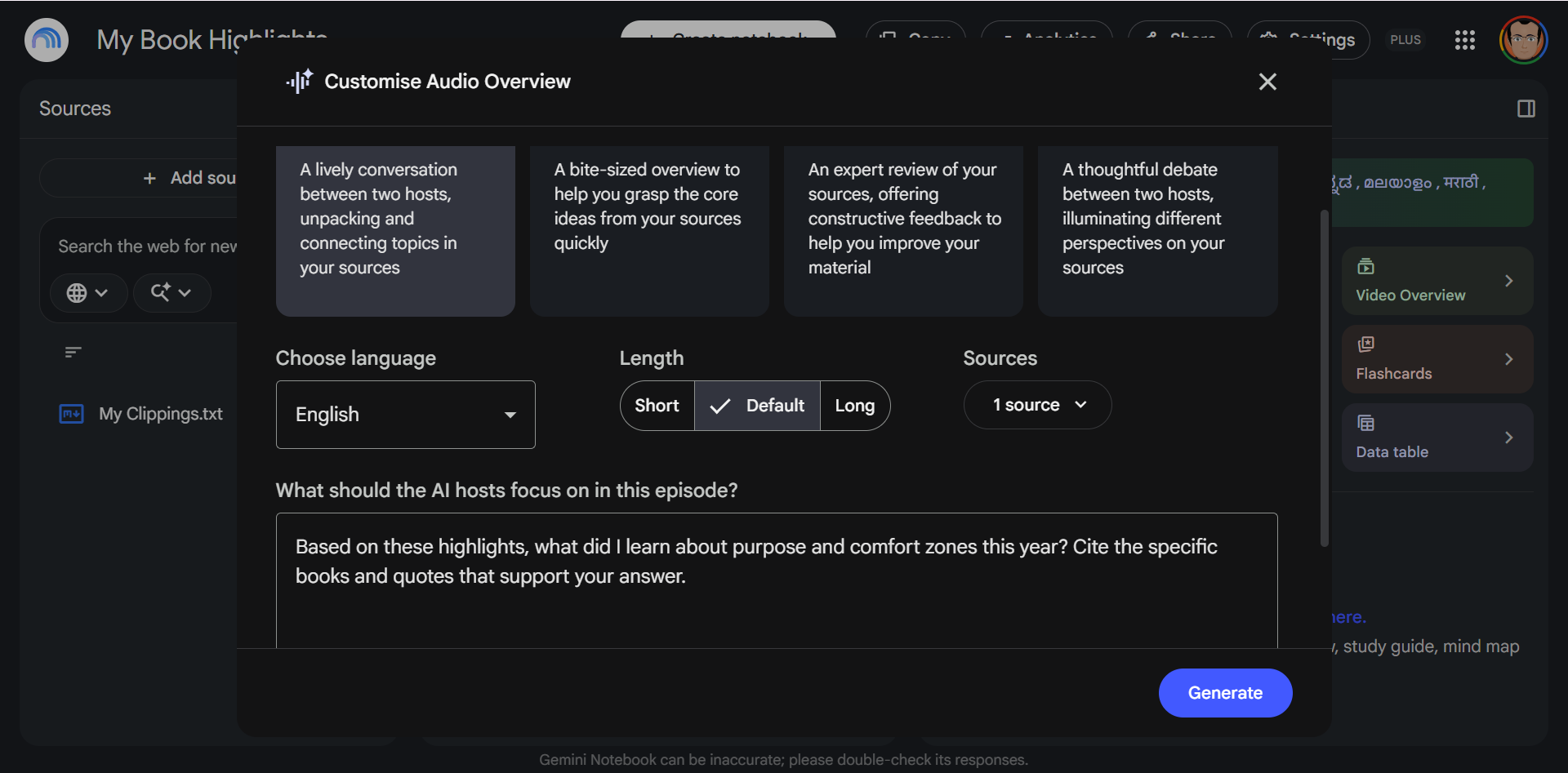 Customizing an Audio Overview with a focus prompt in Gemini Notebook.