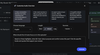Customizing an Audio Overview with a focus prompt in Gemini Notebook.