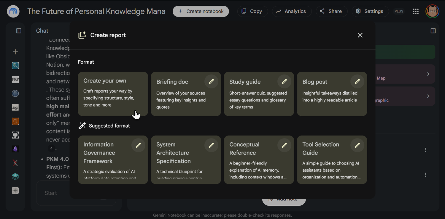 A finished custom report combining multiple chained templates in Gemini Notebook.