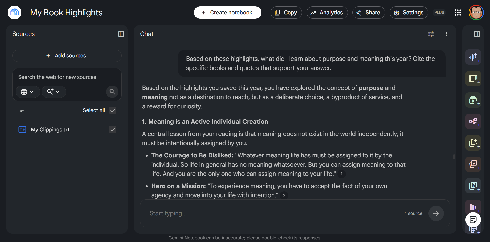 Gemini Notebook chat panel showing a synthesized answer with source citations.