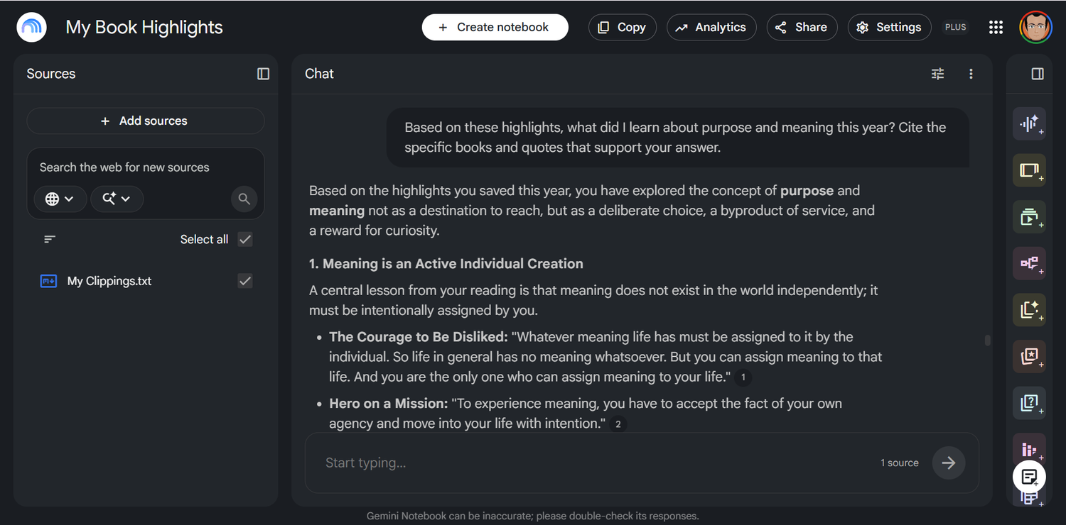 Gemini Notebook chat panel showing a synthesized answer with source citations.
