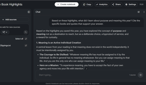 Gemini Notebook chat panel showing a synthesized answer with source citations.
