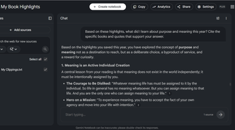 Gemini Notebook chat panel showing a synthesized answer with source citations.