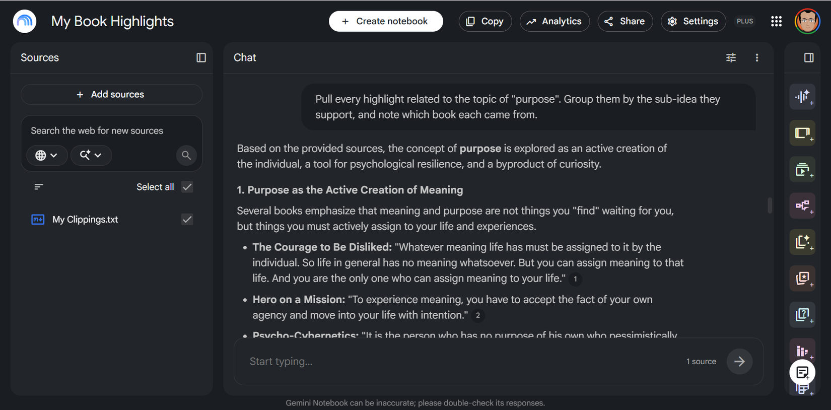 Gemini Notebook pulling highlights relevant to a book chapter, with source citations.