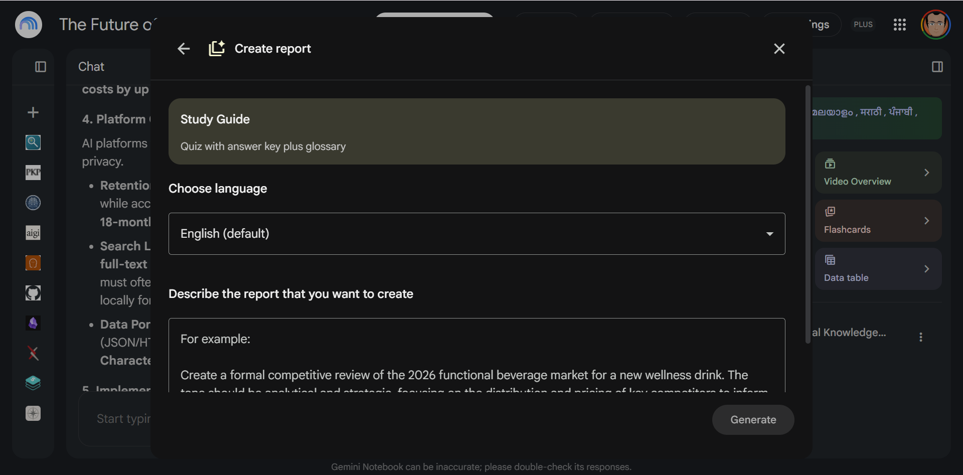Selecting the Create Your Own custom report option in Gemini Notebook's Studio panel.