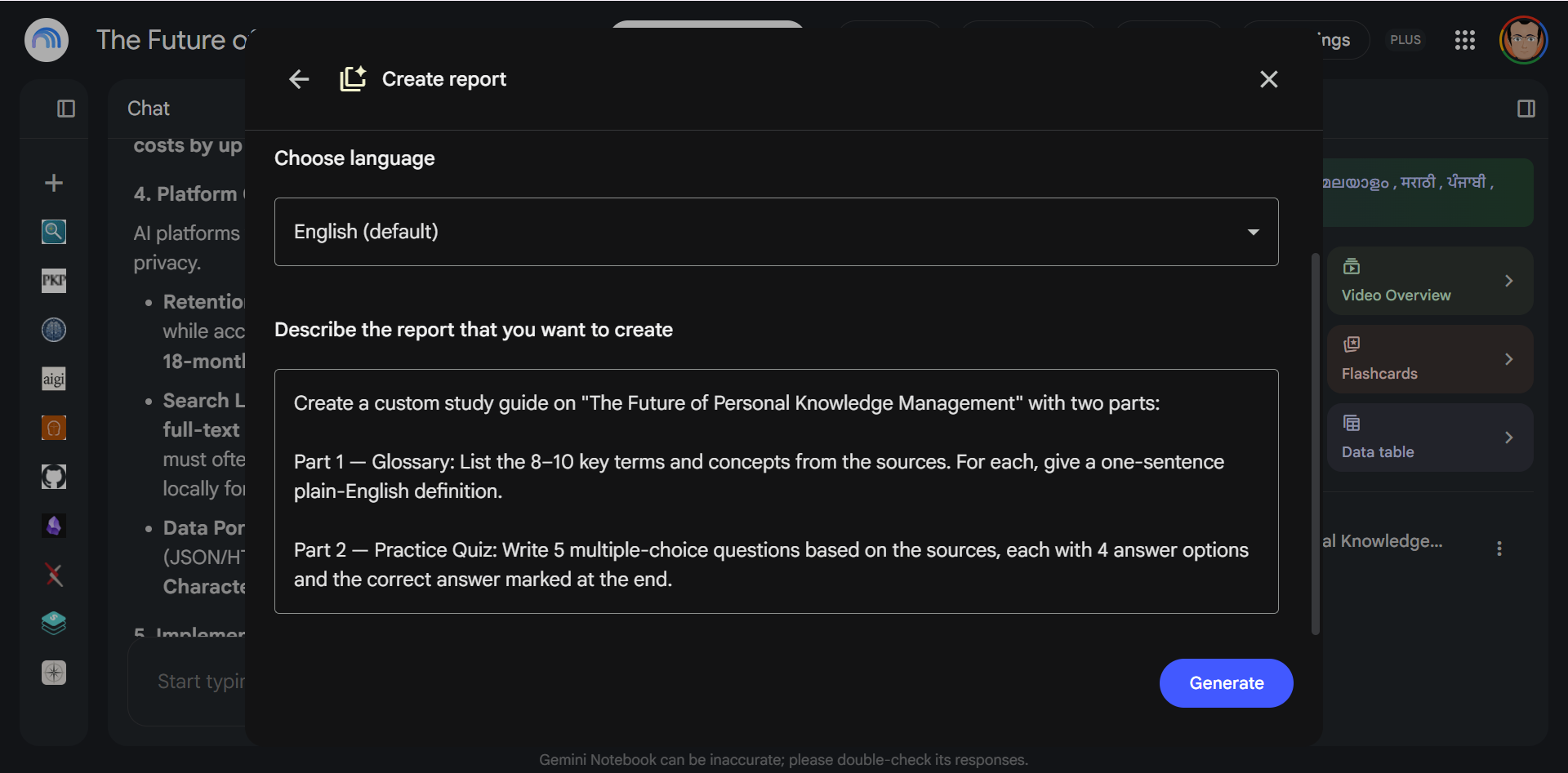 Choosing prompt templates like Glossary and Practice Quiz in Gemini Notebook's custom report builder.
