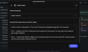 Choosing prompt templates like Glossary and Practice Quiz in Gemini Notebook's custom report builder.