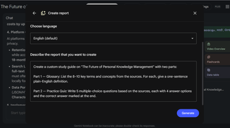 Choosing prompt templates like Glossary and Practice Quiz in Gemini Notebook's custom report builder.