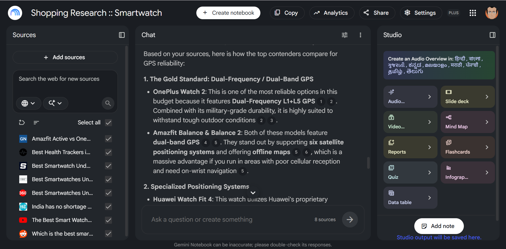Gemini Notebook's answer comparing GPS reliability between two watches.