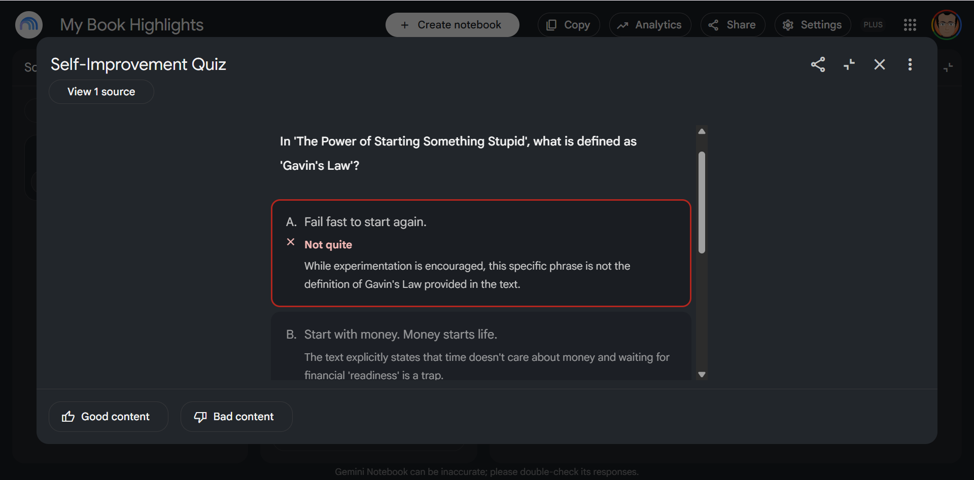 Taking an interactive quiz generated from Kindle highlights in Gemini Notebook.