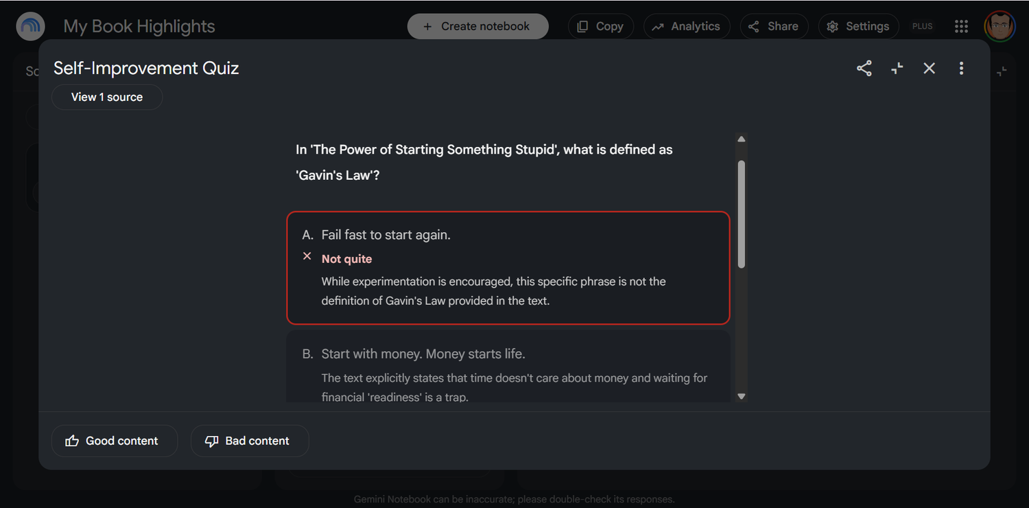 Taking an interactive quiz generated from Kindle highlights in Gemini Notebook.
