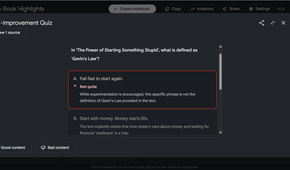 Taking an interactive quiz generated from Kindle highlights in Gemini Notebook.