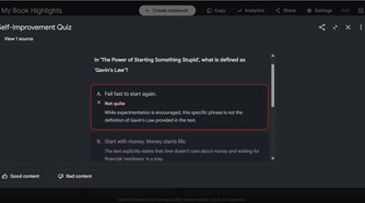 Taking an interactive quiz generated from Kindle highlights in Gemini Notebook.