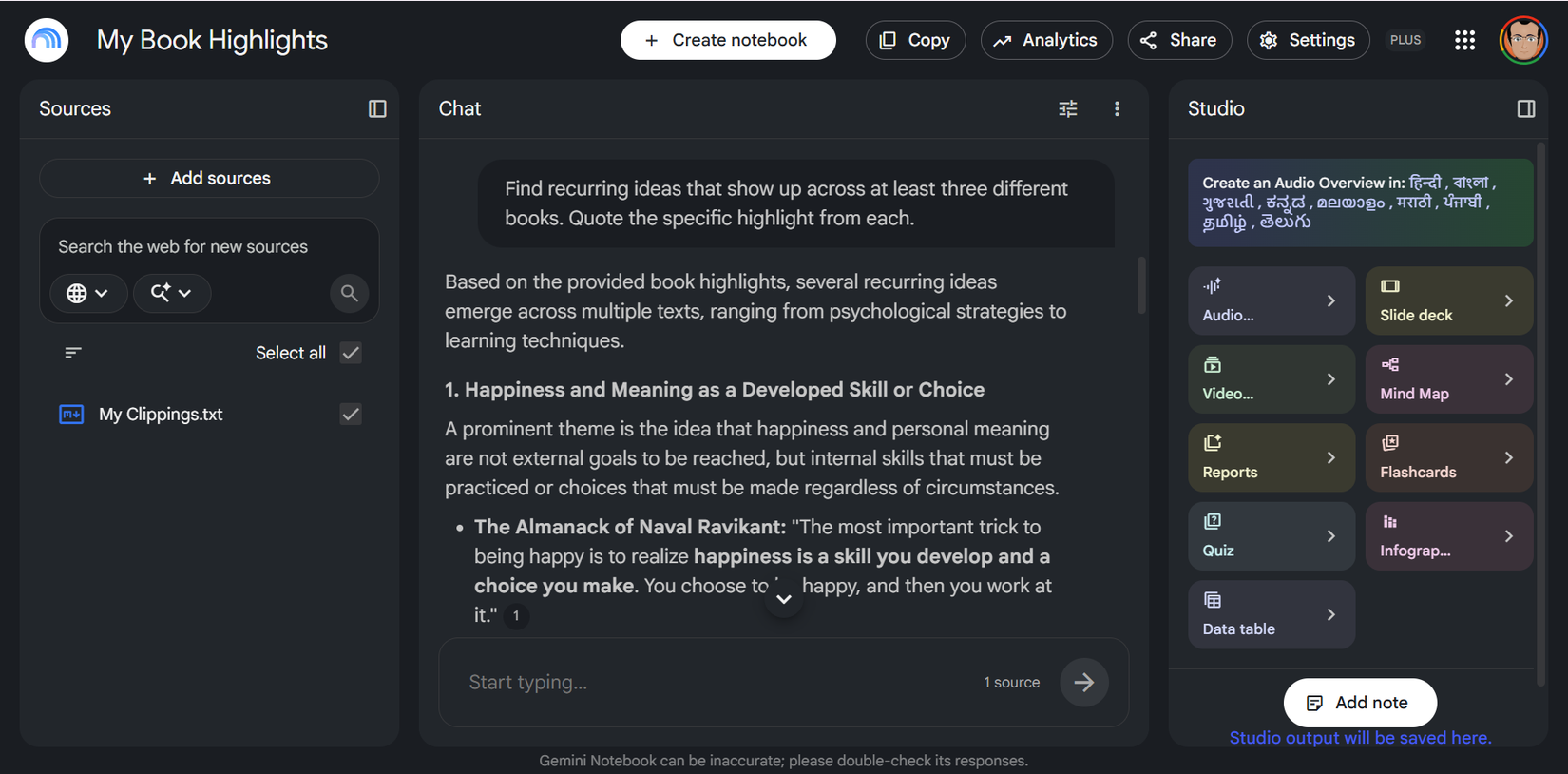 Find recurring ideas that show up across at least three different books. Quote the specific highlight from each.