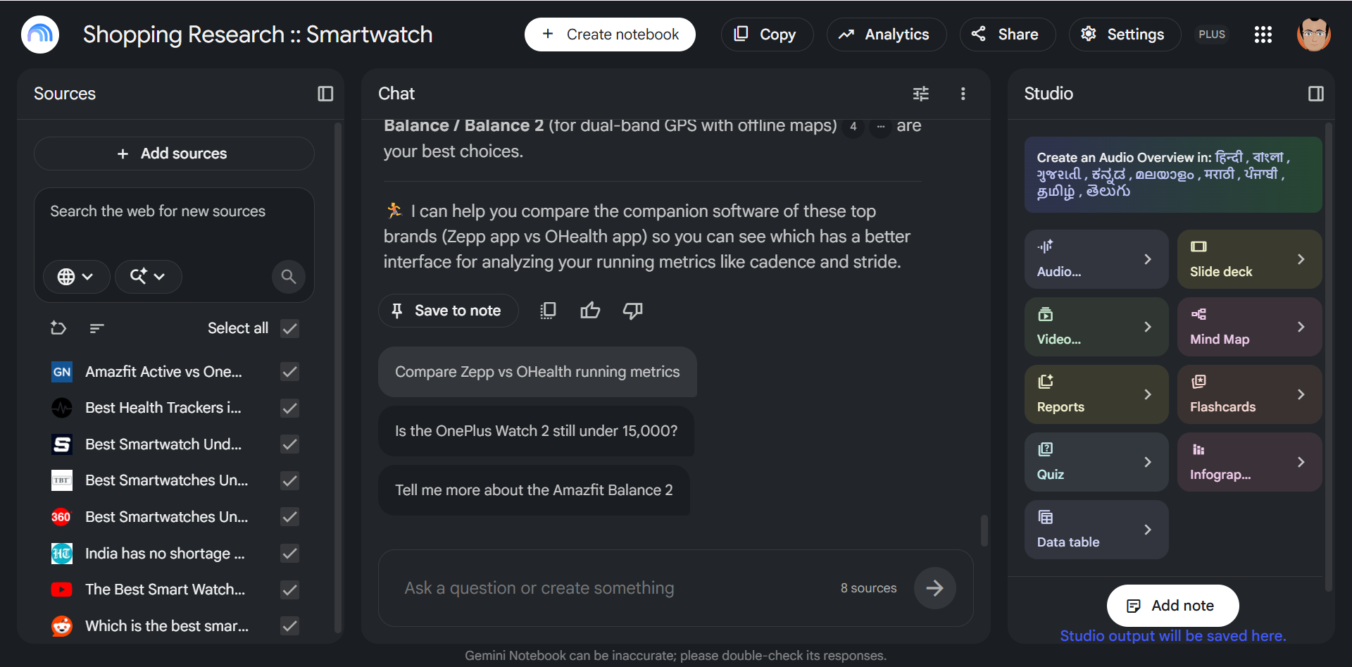 Gemini Notebook's suggested follow-up questions below an answer.
