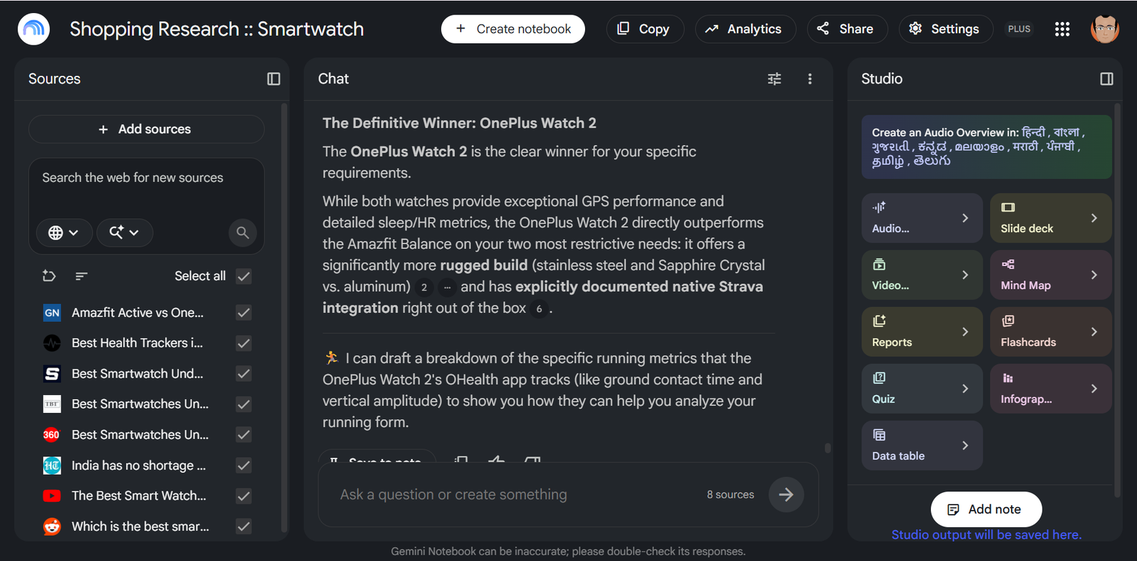 Gemini Notebook's final verdict prompt naming one definitive smartwatch winner.