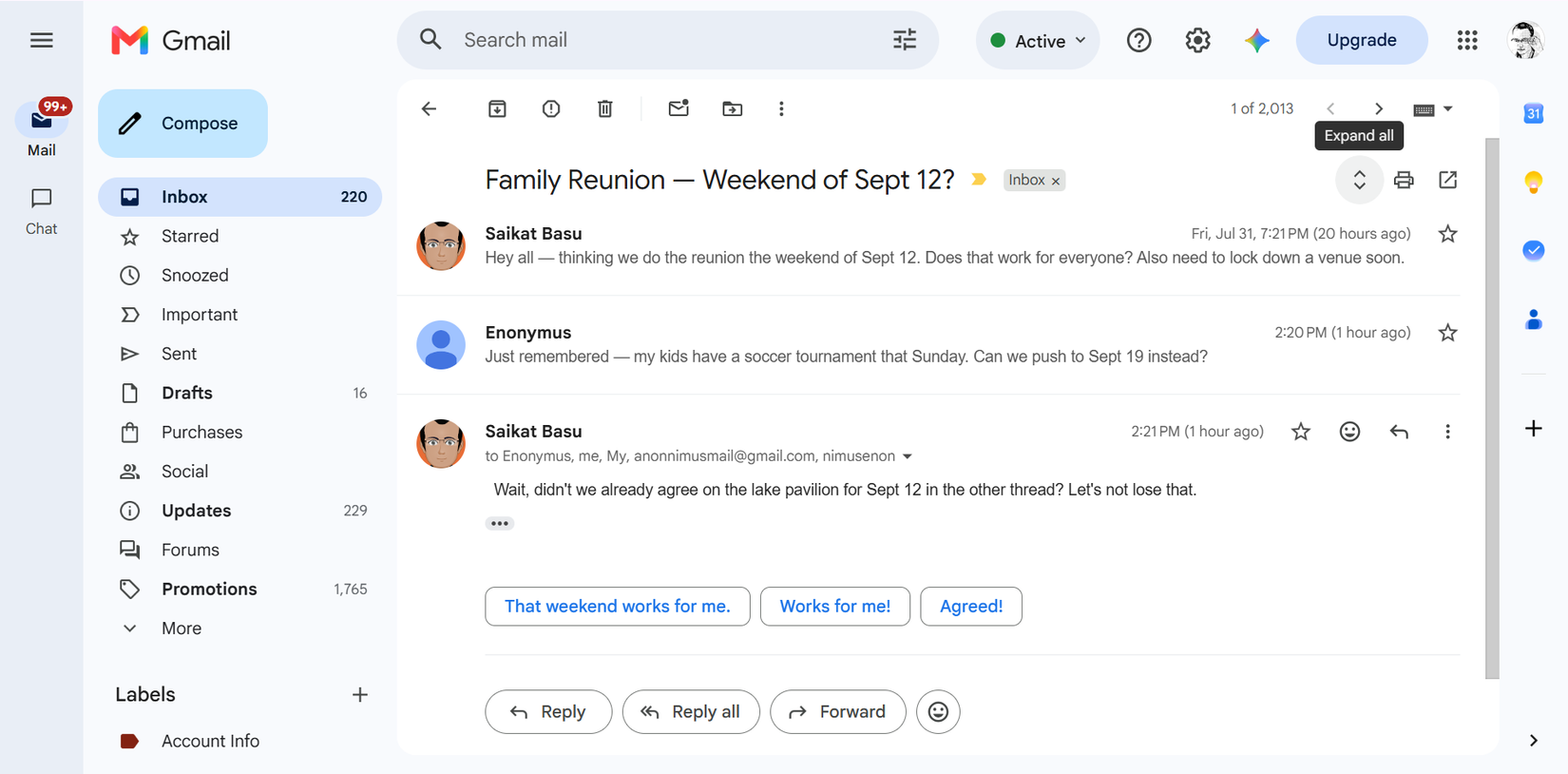 Gmail thread showing collapsed message snippets.