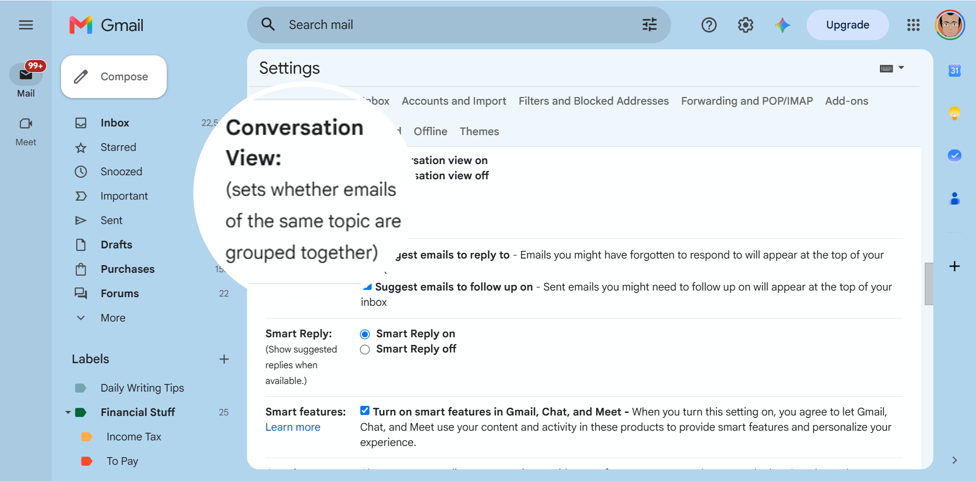 Conversation view on/off toggle in Gmail settings.