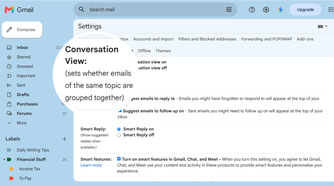 Conversation view on/off toggle in Gmail settings.