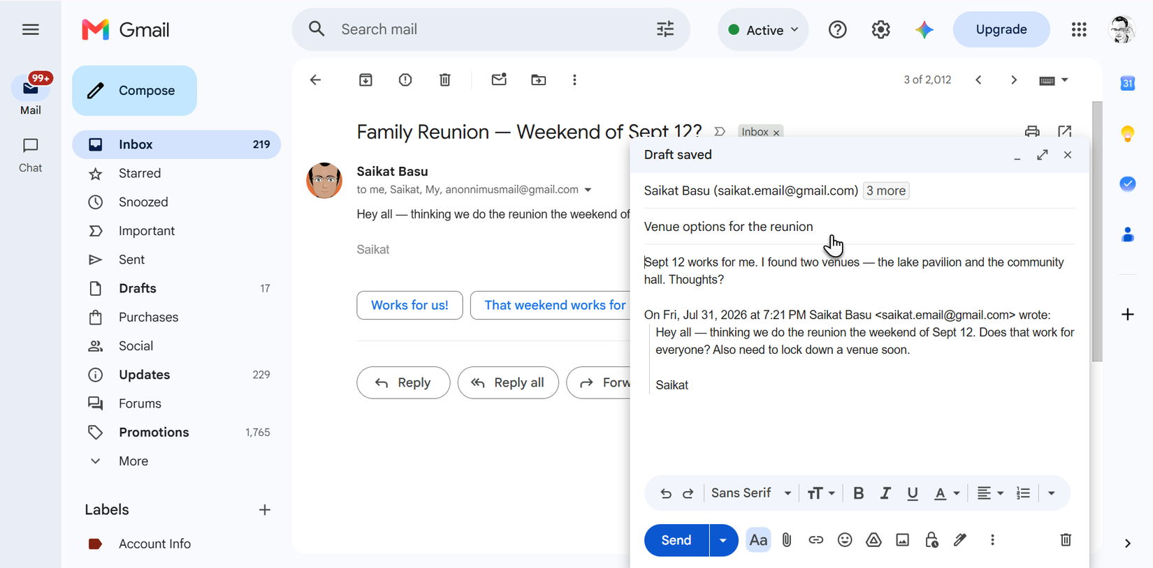 An email with an edited subject different from the original.
