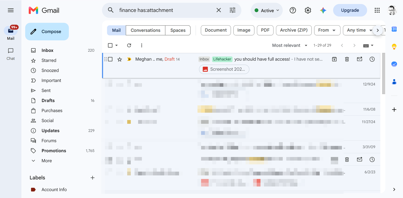 Gmail search bar using has:attachment filter.