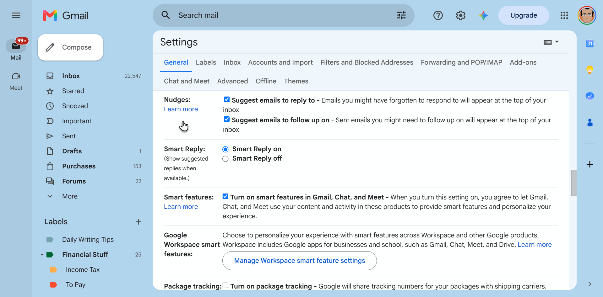 Gmail Nudge remindertoggle setting for a follow-up reply.