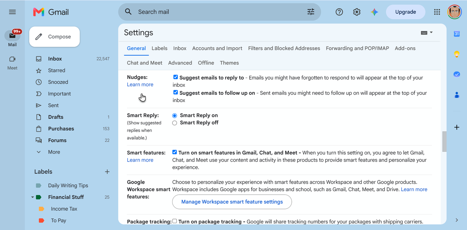 Gmail Nudge remindertoggle setting for a follow-up reply.