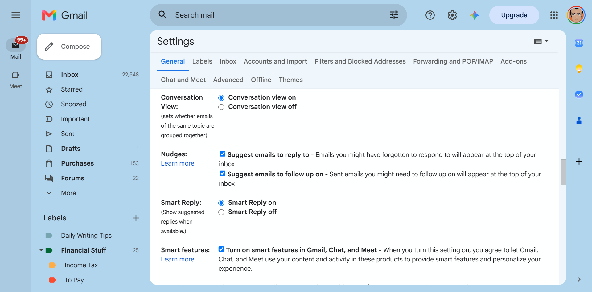 Gmail Settings menu open to the General tab.