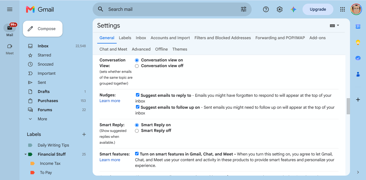 Gmail Settings menu open to the General tab.