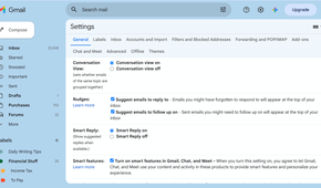Gmail Settings menu open to the General tab.