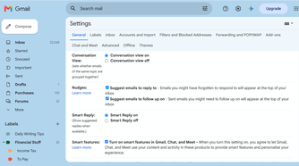 Gmail Settings menu open to the General tab.