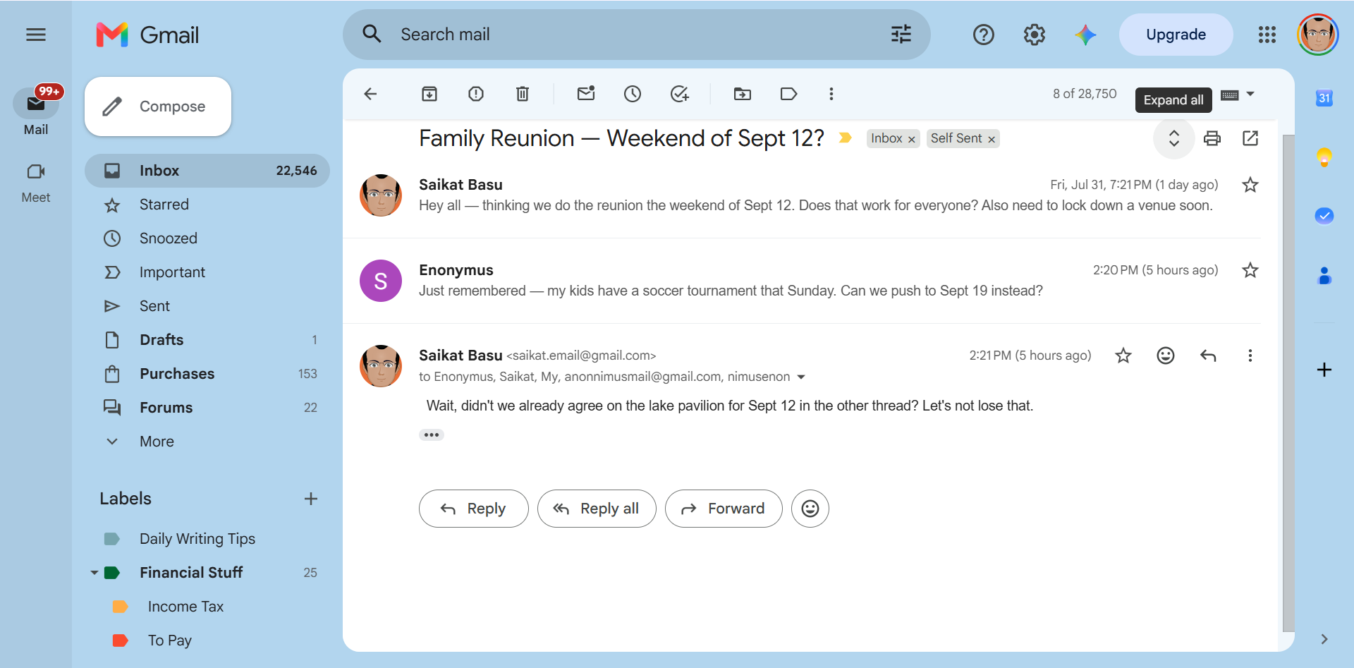 A Gmail threaded conversation.