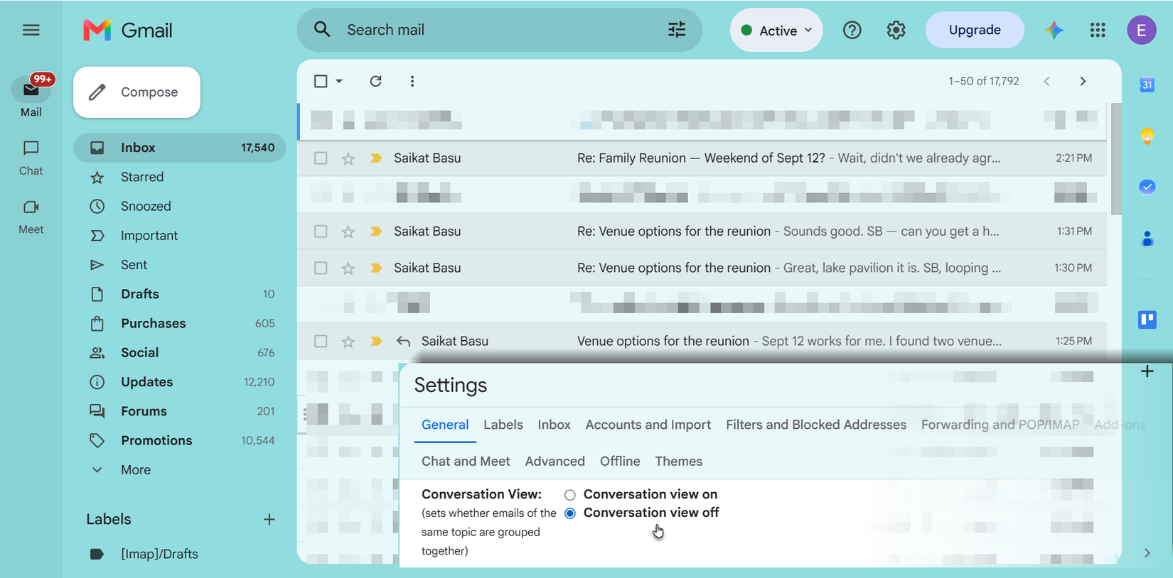 Gmail inbox with conversation view turned off, showing individual messages.