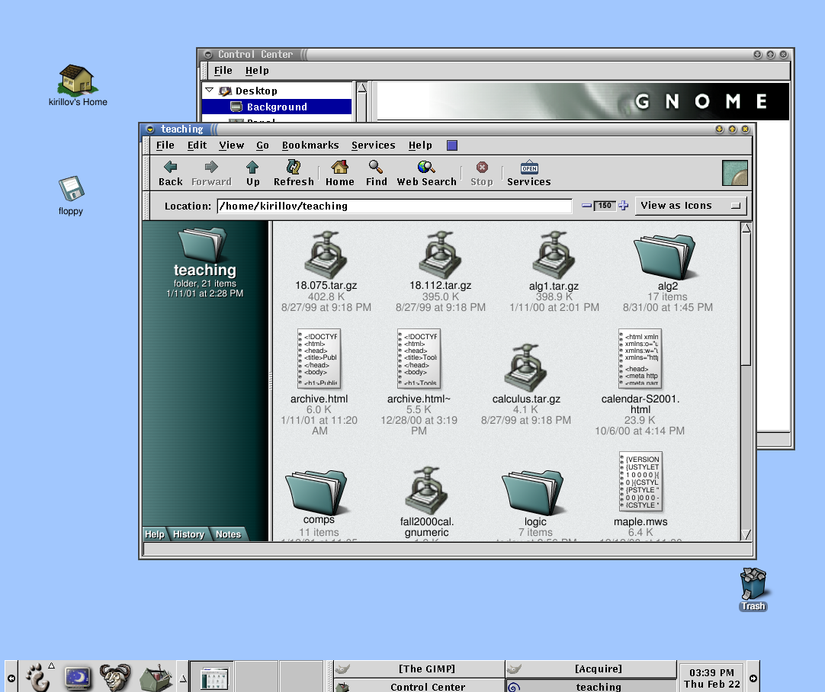 GNOME 1.0 with GNOME Panel and File Manager.