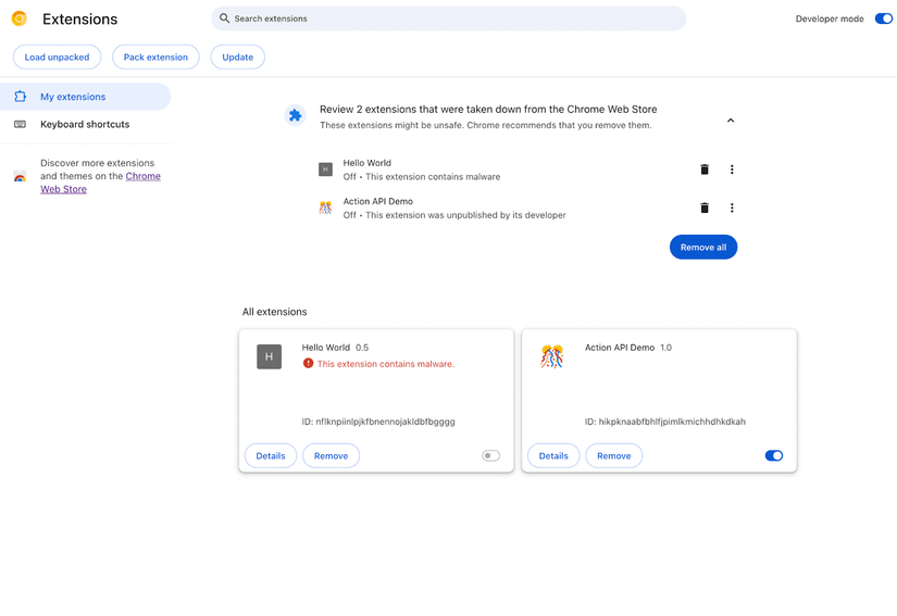 Google chrome extensions manager with security warning