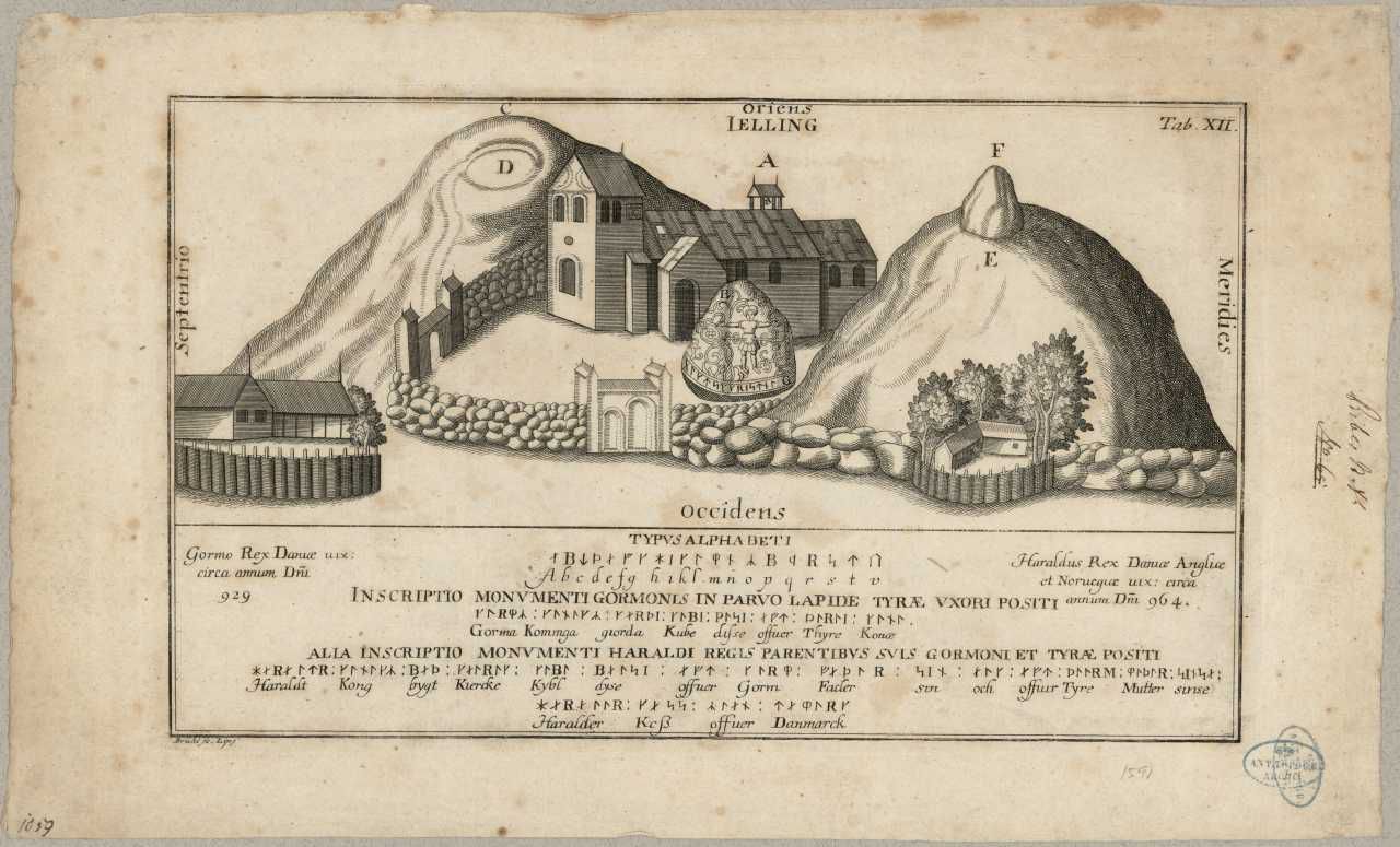 A 1591 depiction of Jelling showing the church, burial mounds, and runestones.
