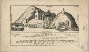 A 1591 depiction of Jelling showing the church, burial mounds, and runestones.