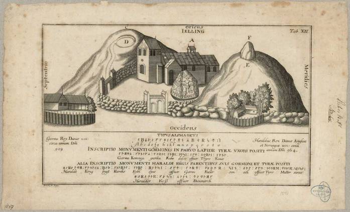 A 1591 depiction of Jelling showing the church, burial mounds, and runestones.
