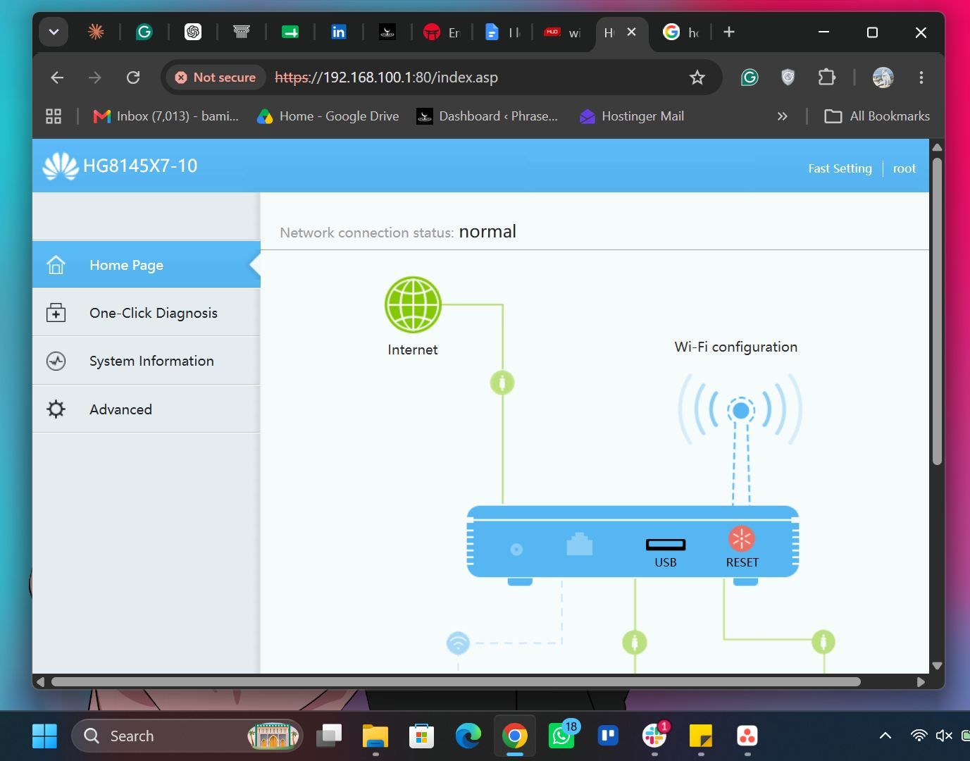 Home page of a router user interface