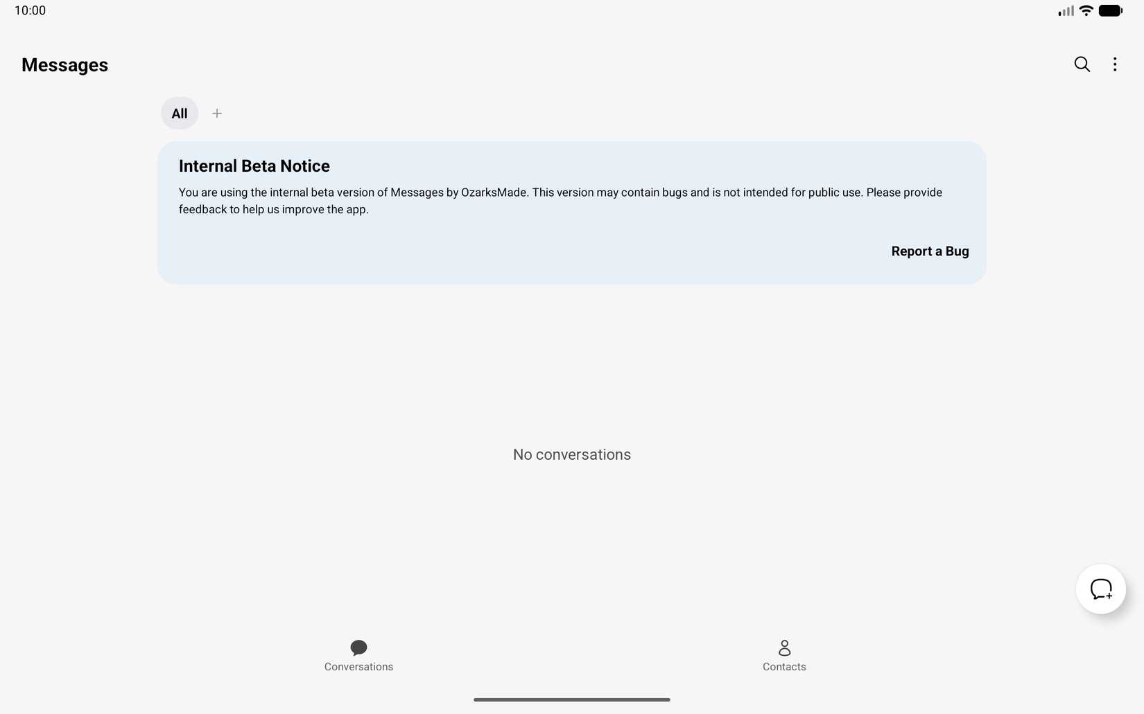 Internal Beta Notice on the Messages by OzarksMade app