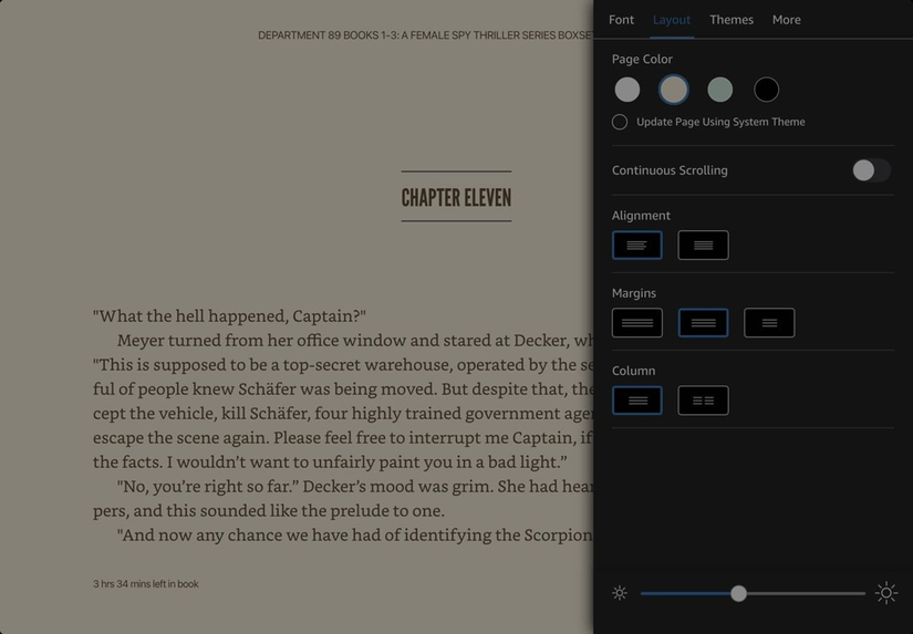 Kindle app Aa menu showing Layout tab with Left selected under Text Alignment.