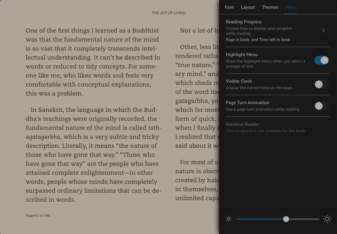 Kindle app Aa menu open, showing the More tab option.
