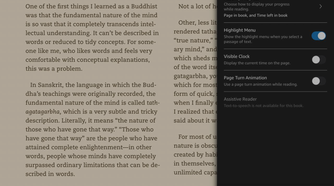 Kindle app Aa menu open, showing the More tab option.