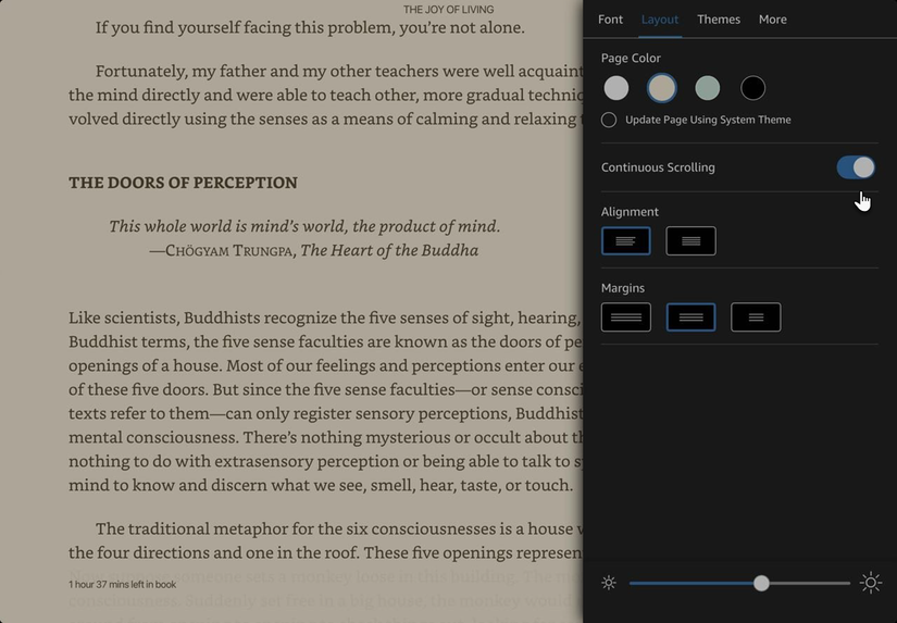 Continuous Scrolling toggle in Kindle app Layout settings, disabling Page Turn Animation.