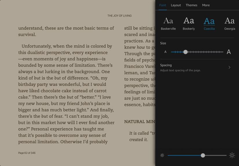 Font selection menu in the Kindle app showing Baskerville and Caecilia options.