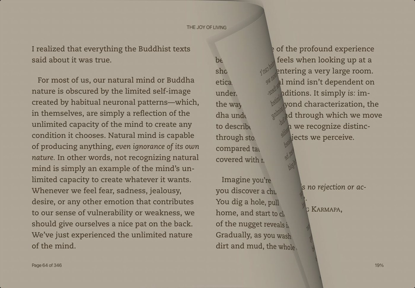 Kindle app page mid-turn showing the animated page flip effect.