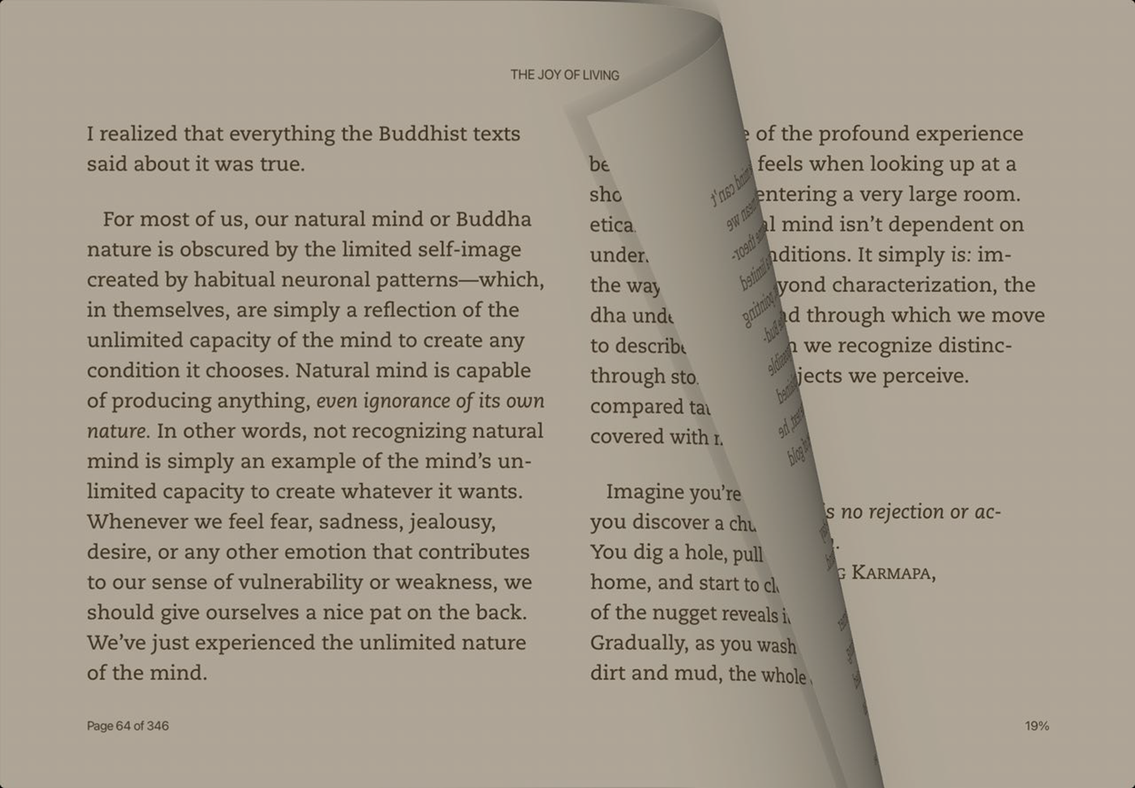 Kindle app page mid-turn showing the animated page flip effect.